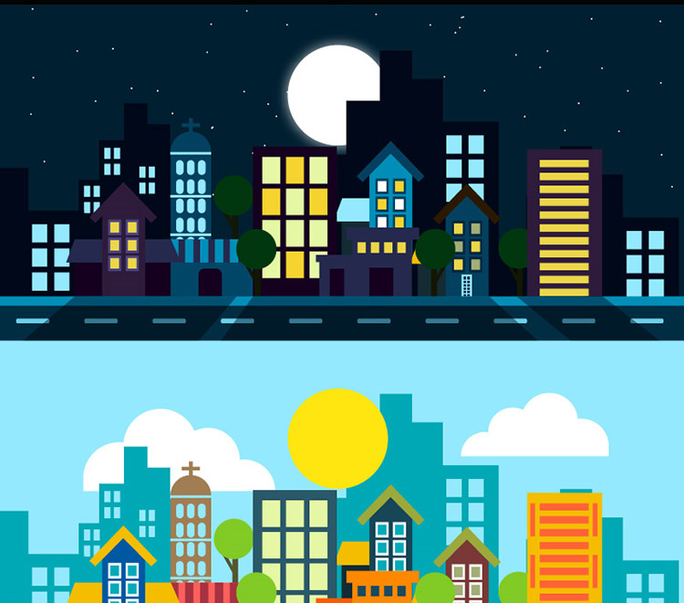 AI太阳月亮白天黑夜城市日出日落夜景高楼汽球摩天轮矢量高清素材