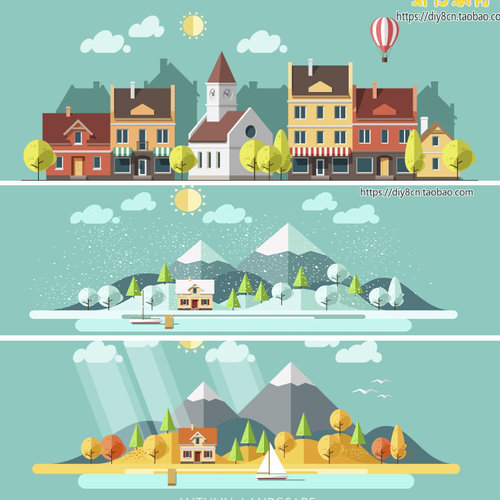 an/flash/ai扁平矢量场景素材源文件MG动画山建筑房树云四季风景