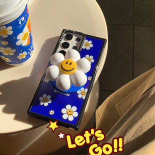 韩系ins克莱因蓝笑脸向日葵适用三星GalaxyS25Ultra手机壳s24plus磁吸立体支架S23ultra手链s25 防摔保护套女