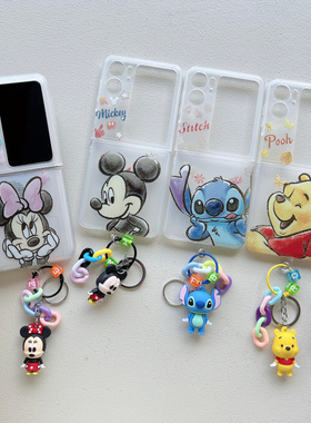 ins日韩卡通米奇米妮适用OPPO findn2flip手机壳折叠屏Find N2flip可爱维尼熊史迪仔N2 flip软保护套挂件公仔