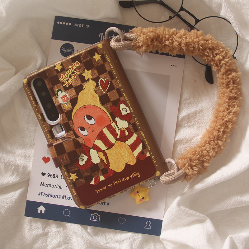 ins复古卡通可爱星星人适用华为purax手机壳新款不折叠书本壳puraX典藏版全包皮质手机套毛绒手提链外壳女