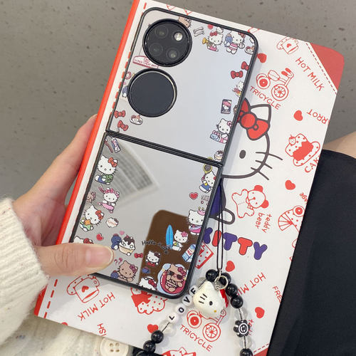 韩系ins卡通可爱kt猫小米MIXFlip手机壳荣耀MagicVFlip镜子华为pocket2折叠屏OPPOFindN3Flip手链VIVOxflip套