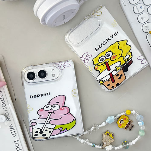 得适用iPhone Duo手机壳韩风卡通海绵宝宝18Duo保护套IP双层硬壳手链新款折叠屏iPhone18Duo防摔套个性翻盖套