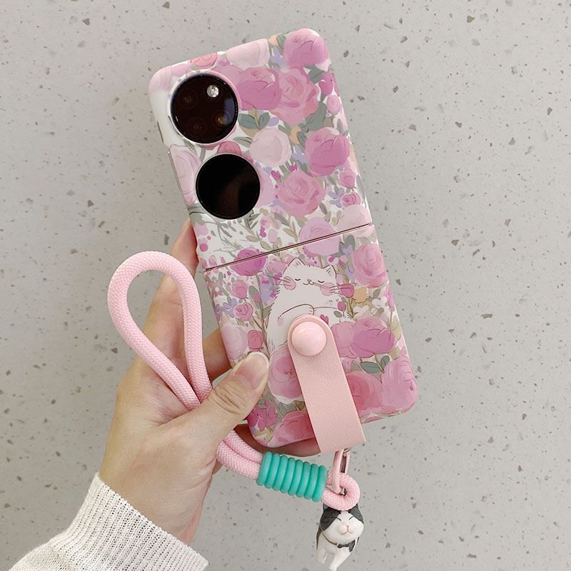 ins玫瑰花小猫咪适用小米mixflip手机壳Pocket 2华为puraX手链oppofindn3flip荣耀magicvflip摩托罗拉r50硬壳