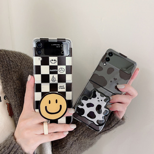 ins日韩黑白格子牛奶纹适用于三星Zflip7手机壳新款zflip6创意zflip5折叠屏zflip4/3防摔w23flip支架保护套