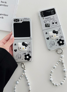 ins日韩卡通黑色少女猫咪适用于Galaxy三星Zflip5手机壳新款zflip6折叠屏zflip3防摔w23flip手链ZFLIP4保护套