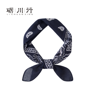 深蓝花纹100%纯棉小方巾佩斯利风格男士头巾时尚骑行百搭防晒围脖