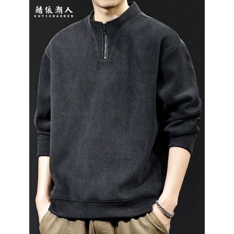 高端纹理感半高领拉链卫衣男2025新款秋冬款重磅潮牌大码加绒衣服