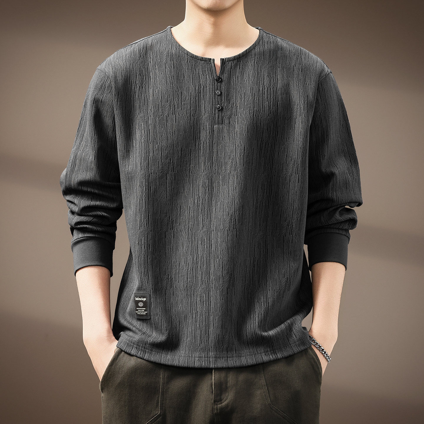 高端美式复古亨利领长袖T恤男春秋新款肌理感宽松潮牌打底卫衣男