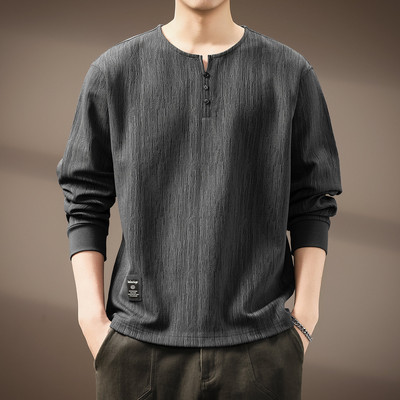 高端美式复古亨利领长袖T恤