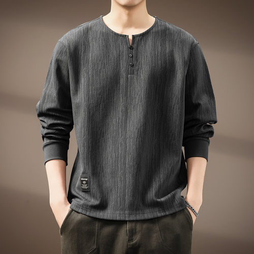 高端美式复古亨利领长袖T恤