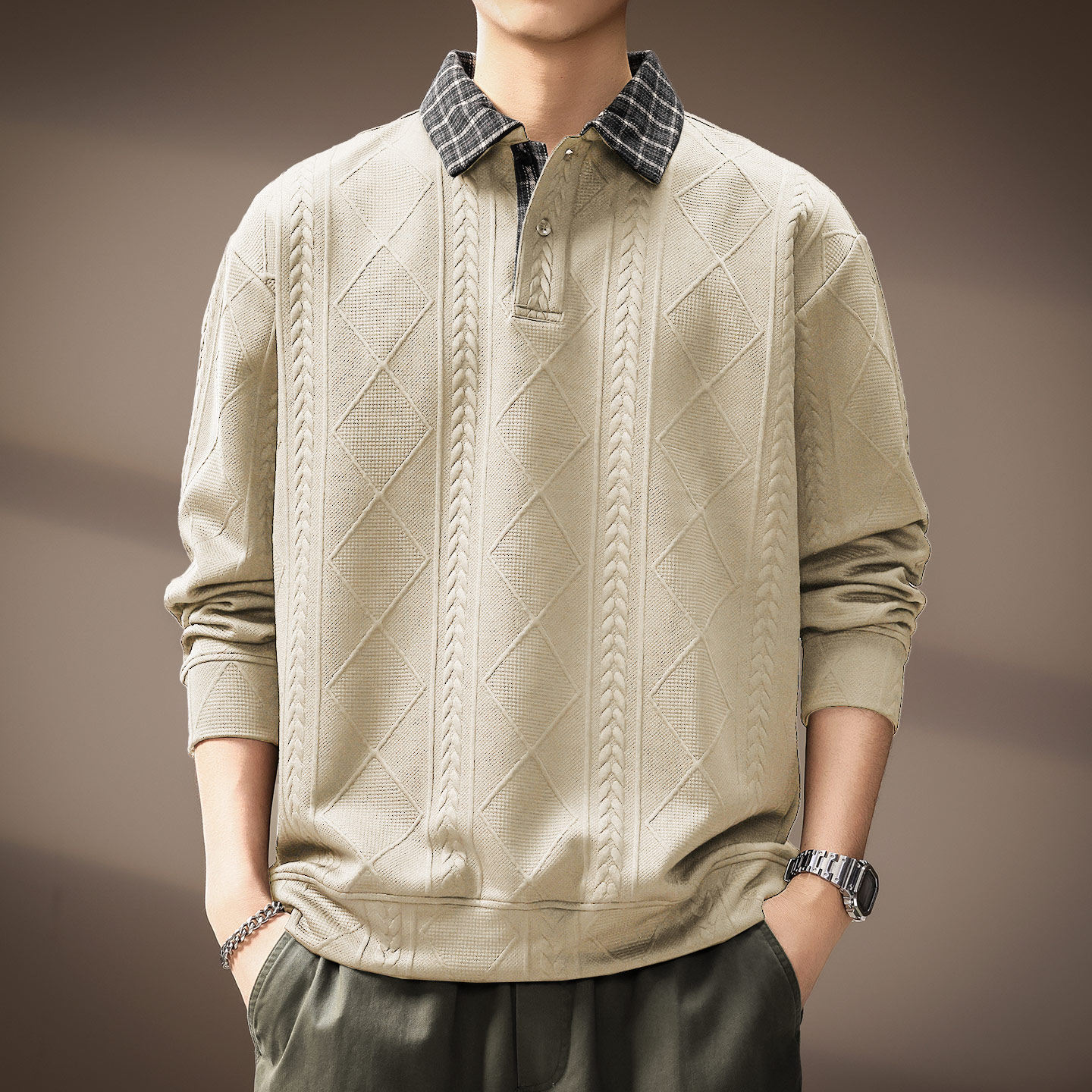 高端美式麦穗纹肌理Polo衫男秋季新款假两件宽松翻领休闲长袖卫衣