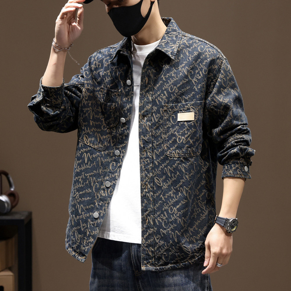 牛仔衬衫男士2025春季新款提花复古翻领休闲长袖衬衣工装外套