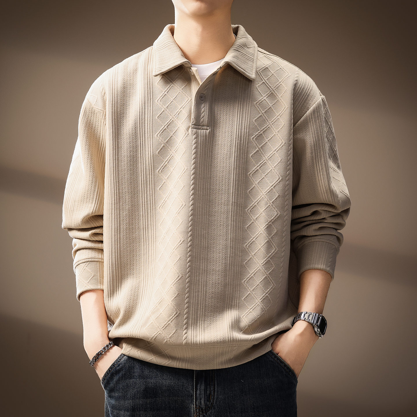 法式菱形格提花长袖针织衫Polo衫