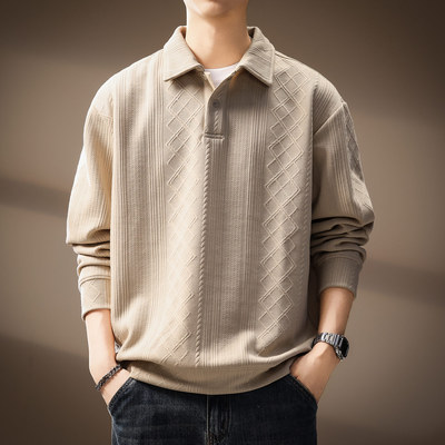 法式菱形格提花长袖针织衫Polo衫