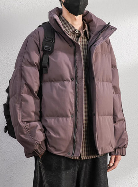 高充90白鸭绒蓬松感紫色羽绒服男士短款冬季保暖加绒立领外套男装