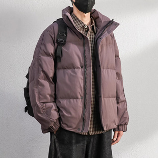 高充90白鸭绒蓬松感紫色羽绒服男士短款冬季保暖加绒立领外套男装