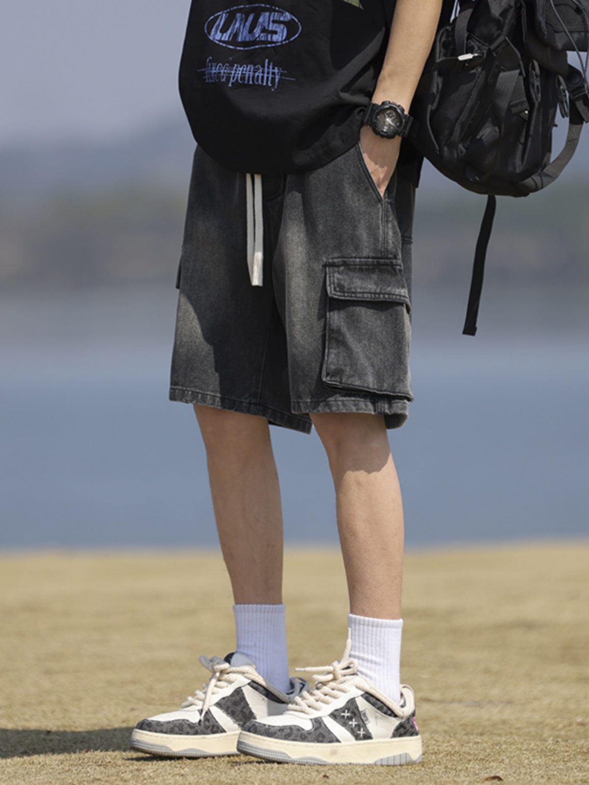 烟灰色工装牛仔短裤男款美式高街宽松裤子休闲五分裤男士直筒中裤