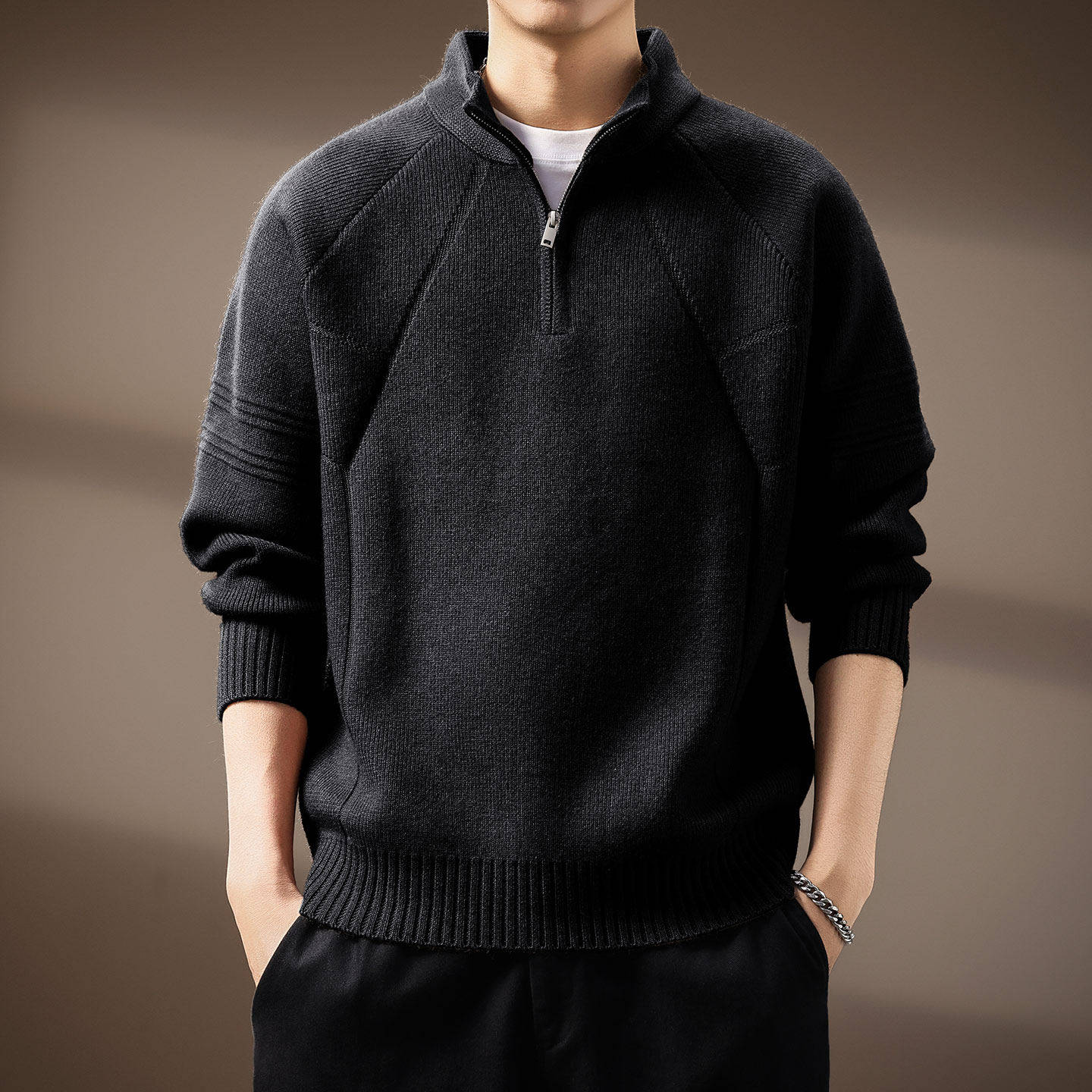 高端美式复古半高领拉链毛衣男冬季新款宽松套头纯色打底针织衫男