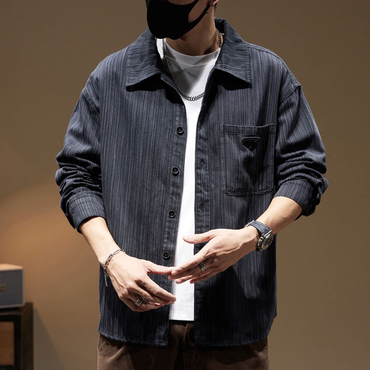 衬衫外套男士宽松高级日系竹节纹