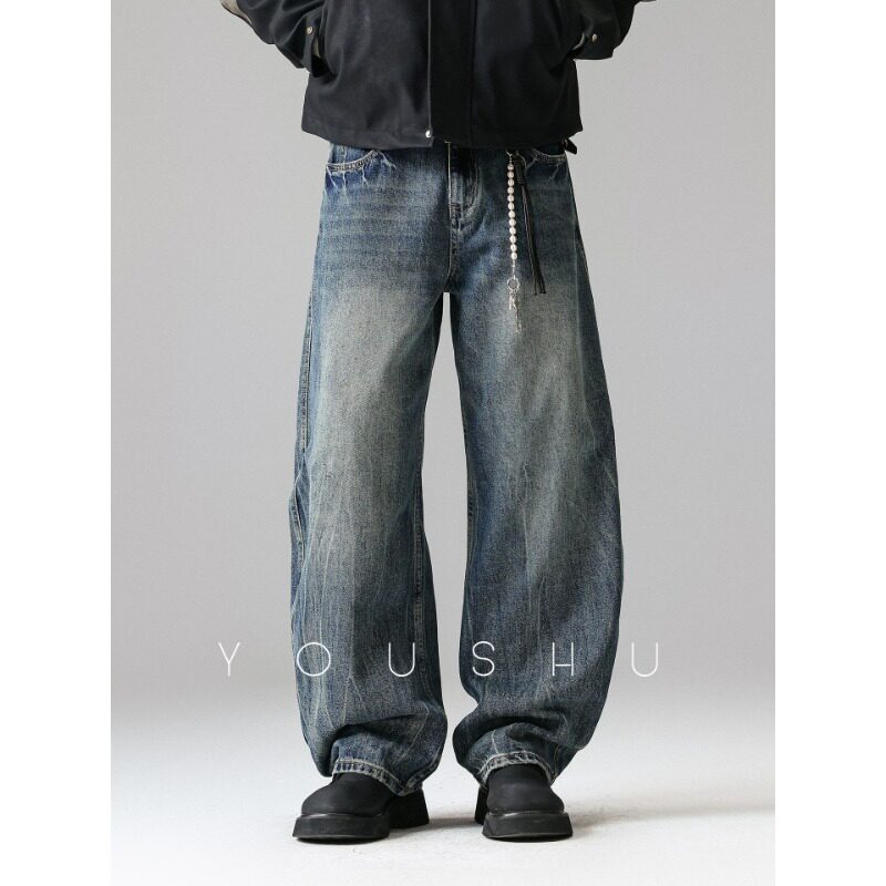 美式潮牌做旧牛仔裤男款直筒春季新款阔腿弯刀水洗高街裤子潮