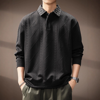 高端美式麦穗纹肌理长袖Polo衫