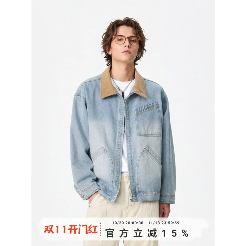 复古拼接风牛仔外套宽松翻领夹克
