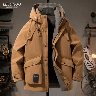 中长款宽松潮流羽绒服男冬季时尚多口袋连帽保暖外套2025新款男装