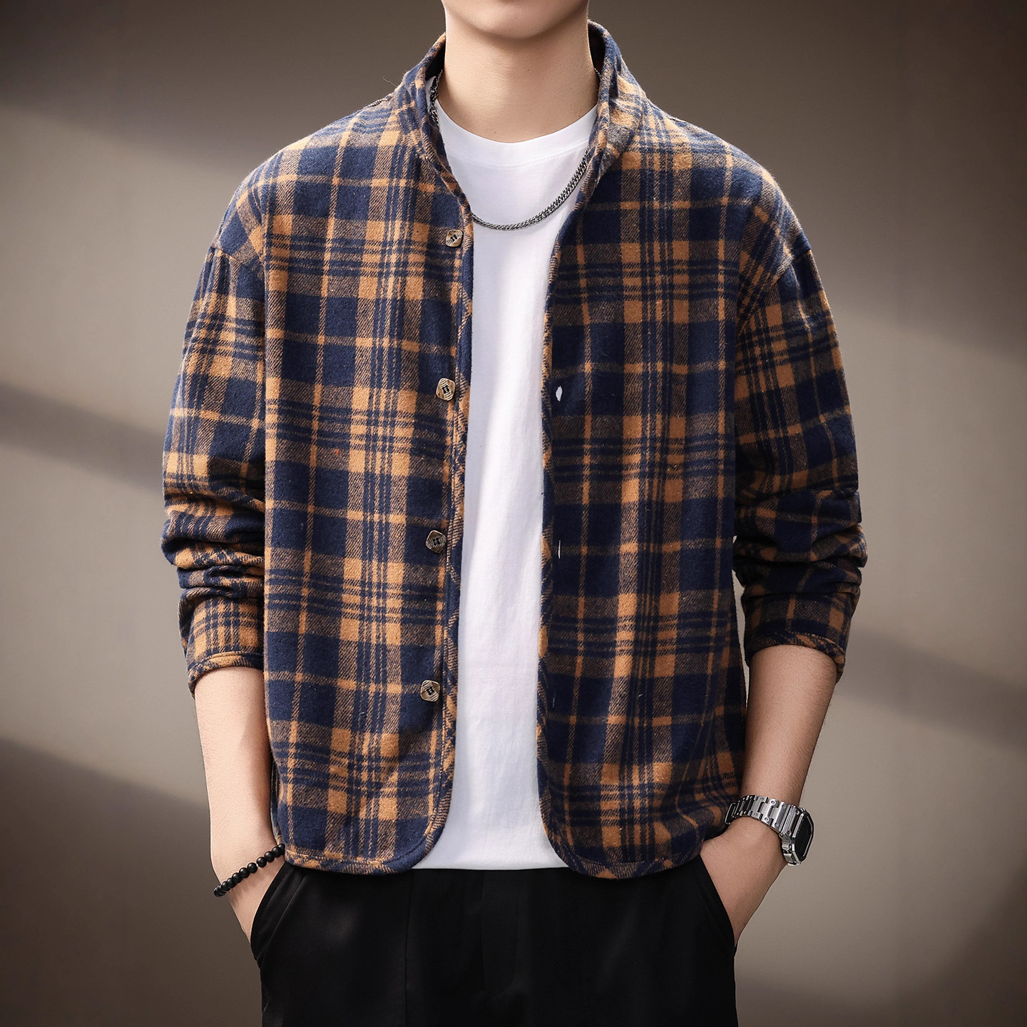 高端美式潮流蓝格设计百搭外套男