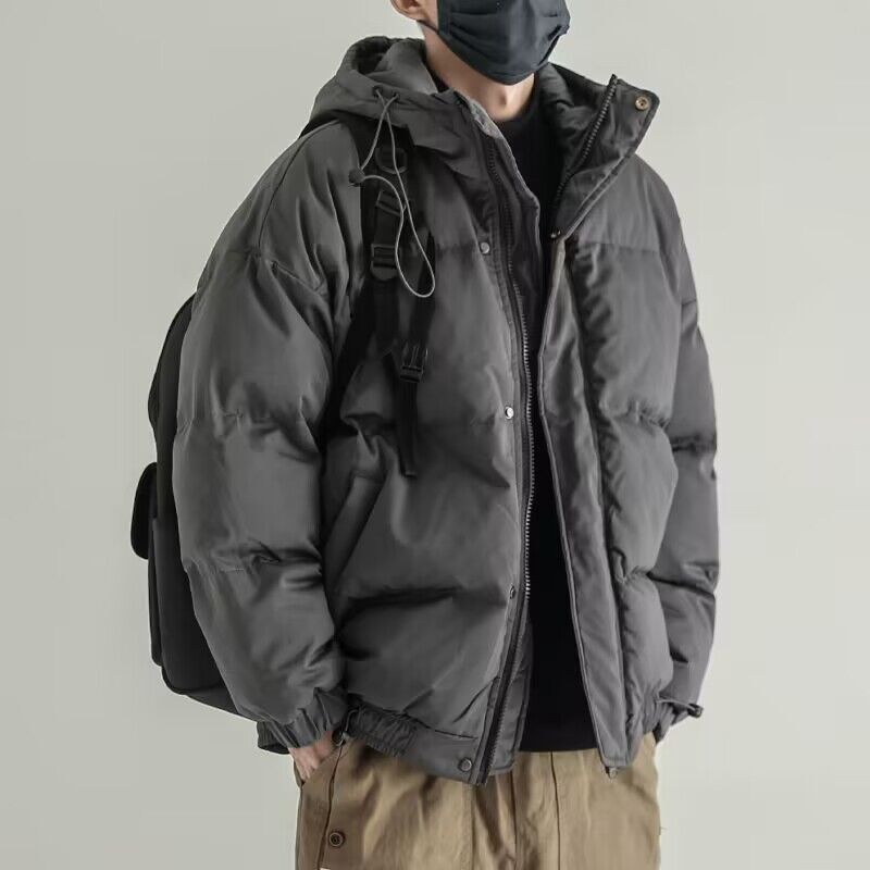 冬季纯色加厚连帽棉衣男日系复古宽松百搭棉袄休闲面包服棉服外套