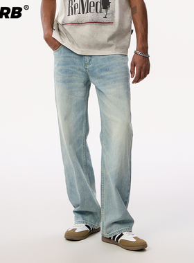 RHRB男生浅蓝色水洗冰蓝牛仔裤男款夏季美式蓝牛宽松直筒裤子春秋