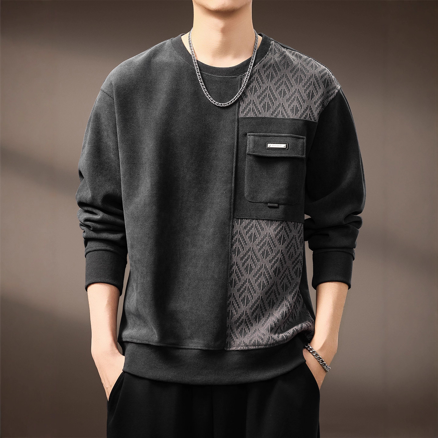 高端美式复古磨提花毛拼接卫衣