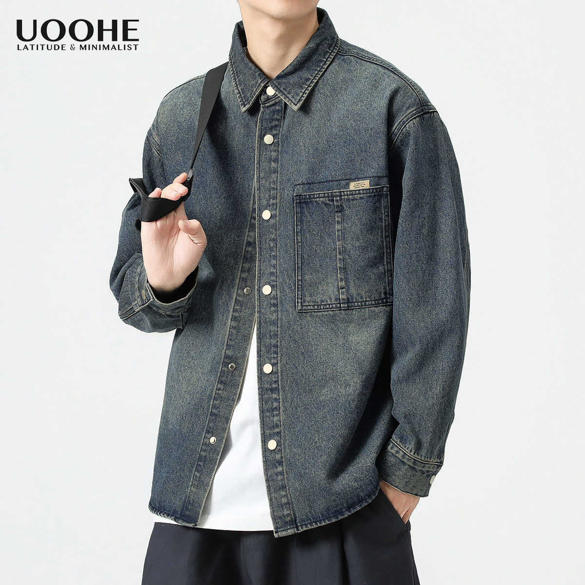 UOOHE男装水洗牛仔衬衫男长袖休闲衬衣男生春季穿搭男士春装外套