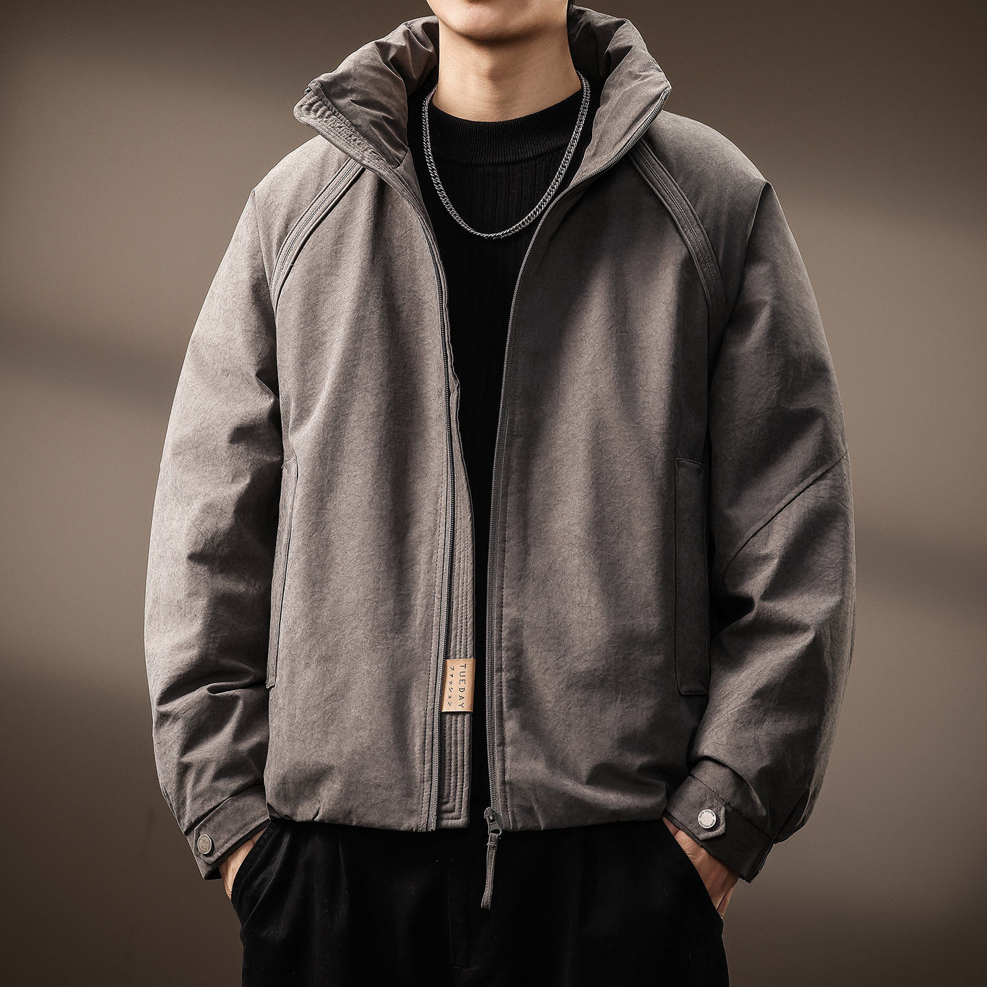 高端美式复古90白鸭绒立领羽绒服