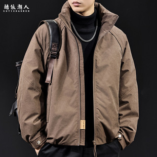 美式鸭绒立领羽绒服男冬季2025新款保暖男士潮牌工装外套宽松大码