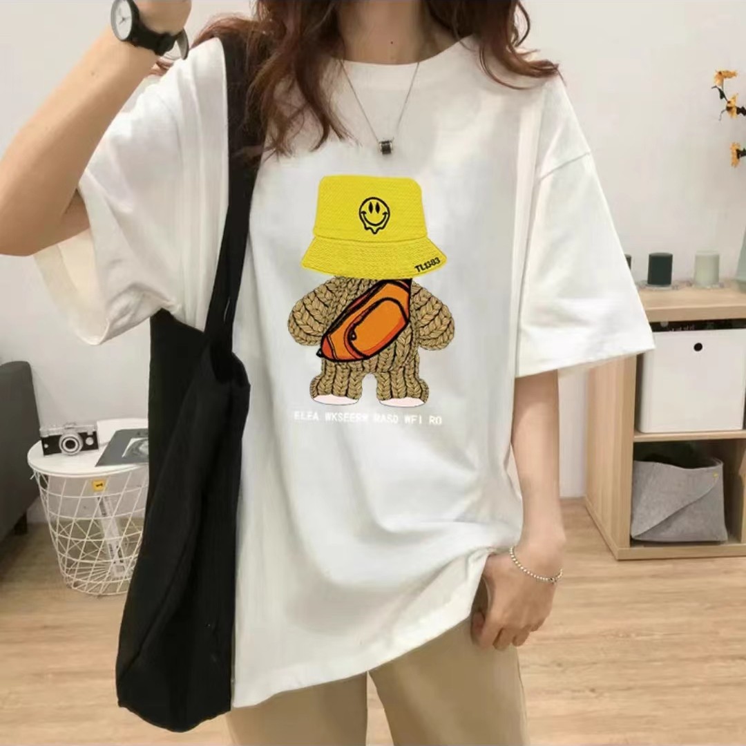 2025年夏季新款灰色欧货上衣纯棉短袖T恤女韩版宽松大码小熊背影