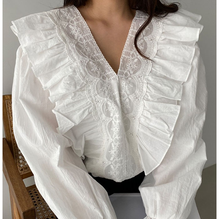 韩国东大门女装上衣韩版宽松纯色甜美百搭荷叶边灯笼袖V领衬衫女