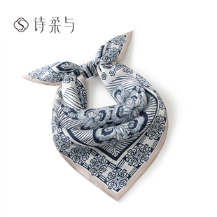 饰发带绑包丝带女 气质通勤装 复古对称花卉西部领巾 桑蚕丝小方巾