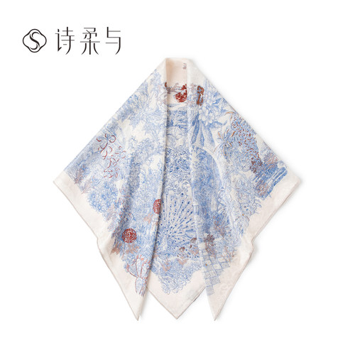 【绘蓝双华】双面缎花罗蓝色时尚印花大方巾桑蚕丝丝巾围巾女