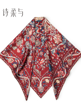 100% 桑蚕丝真丝女士丝巾复古繁花设计时尚优雅装饰领巾女披肩