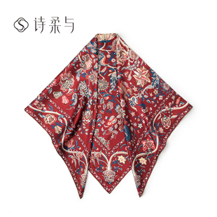 饰领巾女披肩 优雅装 100% 桑蚕丝真丝女士丝巾复古繁花设计时尚