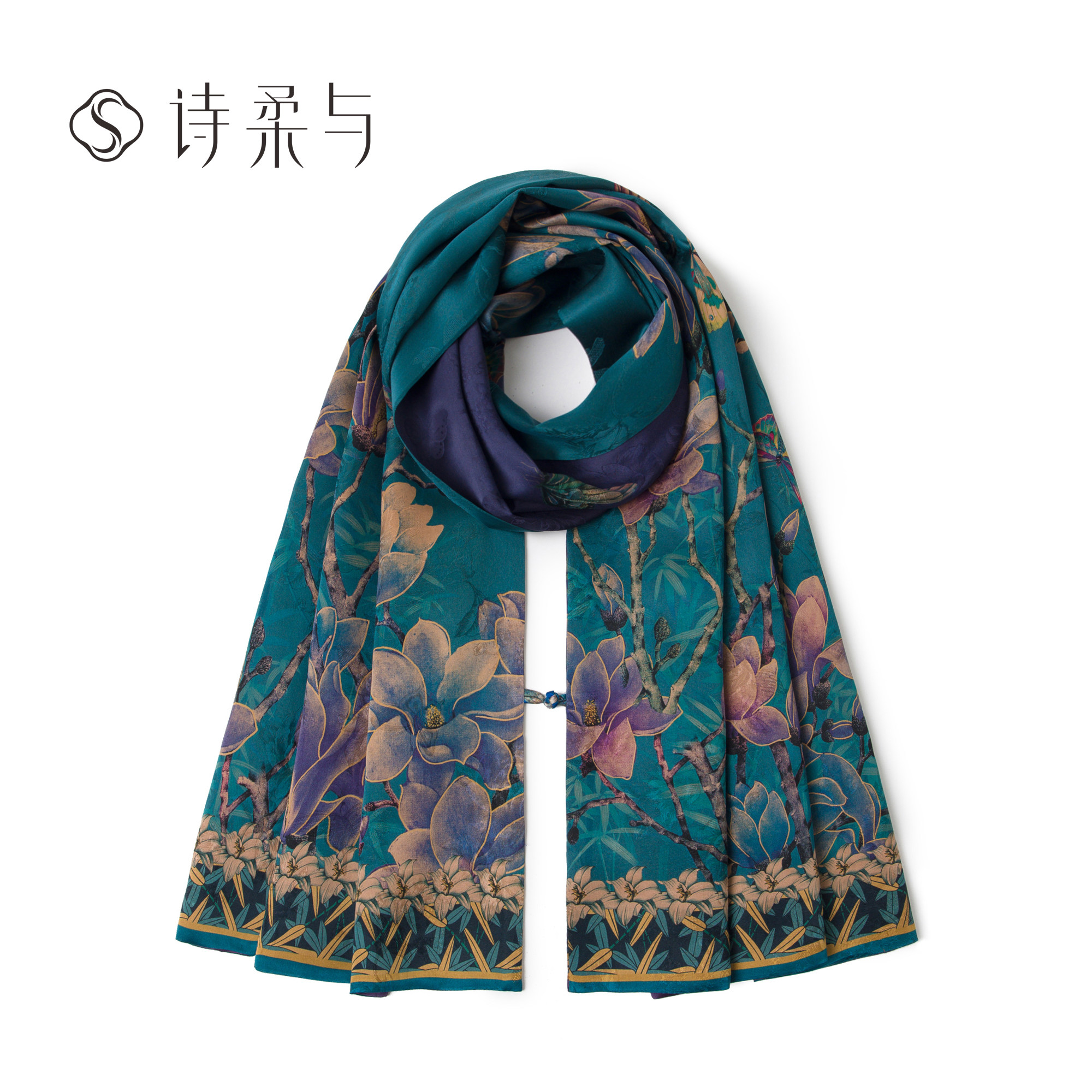 古法香云纱围巾女秋冬手工盘扣大披肩桑蚕丝加厚保暖国风玉兰花