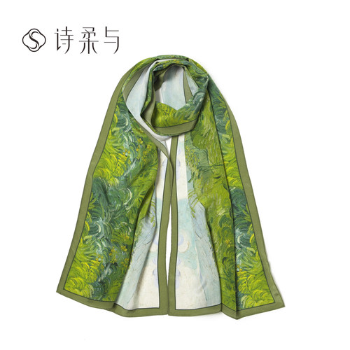 2026真丝桑蚕丝女士长巾绿野油画风印花个性时尚配饰