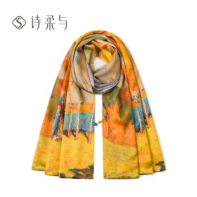 秋景油画桑蚕丝真丝披肩