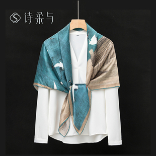 瑞鹤图新中式国风100%桑蚕丝方巾女双面披肩七夕新年送礼丝巾