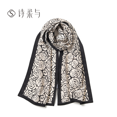 新品首发真丝女士长巾山茶花印花优雅百搭亲肤舒适时尚配饰送礼