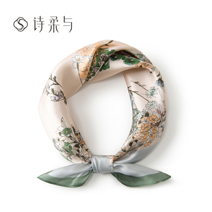 饰发带绑包丝带女 通勤装 清新森系花园花卉真丝领巾 桑蚕丝小方巾