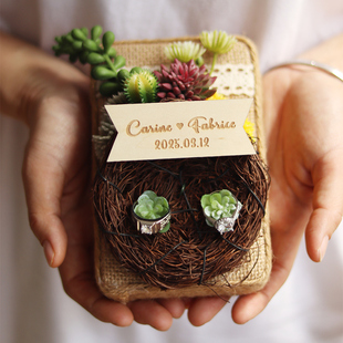 森系婚礼鸟巢戒枕创意定制对戒托盘求婚刻字戒指盒结婚礼拍摄道具