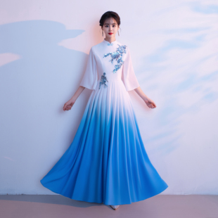 新款大合唱团演出服女长裙过渡色成人古筝二胡表演服中国风礼服
