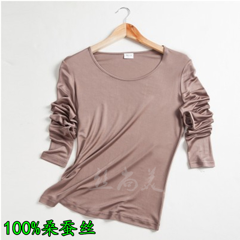 春秋款针织桑蚕丝圆领长袖打底衫